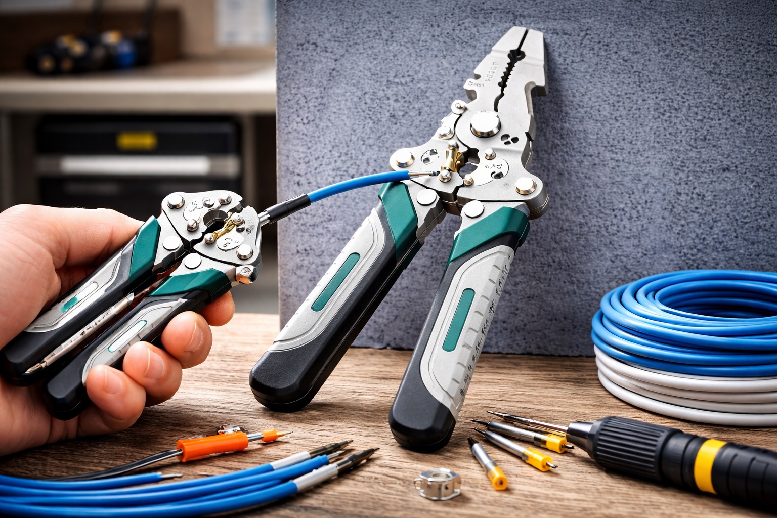 Alicate Multifuncional 8 em 1 sendo usado para descascar fio