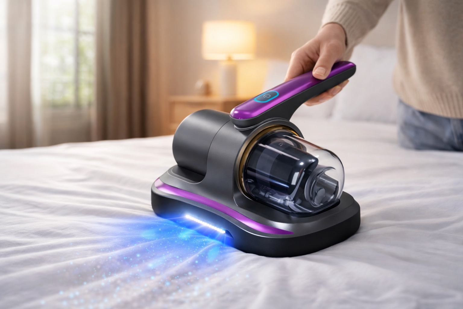 Removedor de ácaros por sucção e luz UV sendo usado para limpar um colchão