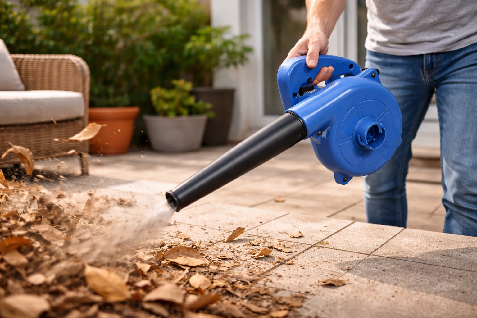 Soprador elétrico Holtter sendo usado para soprar folhas secas em um jardim residencial