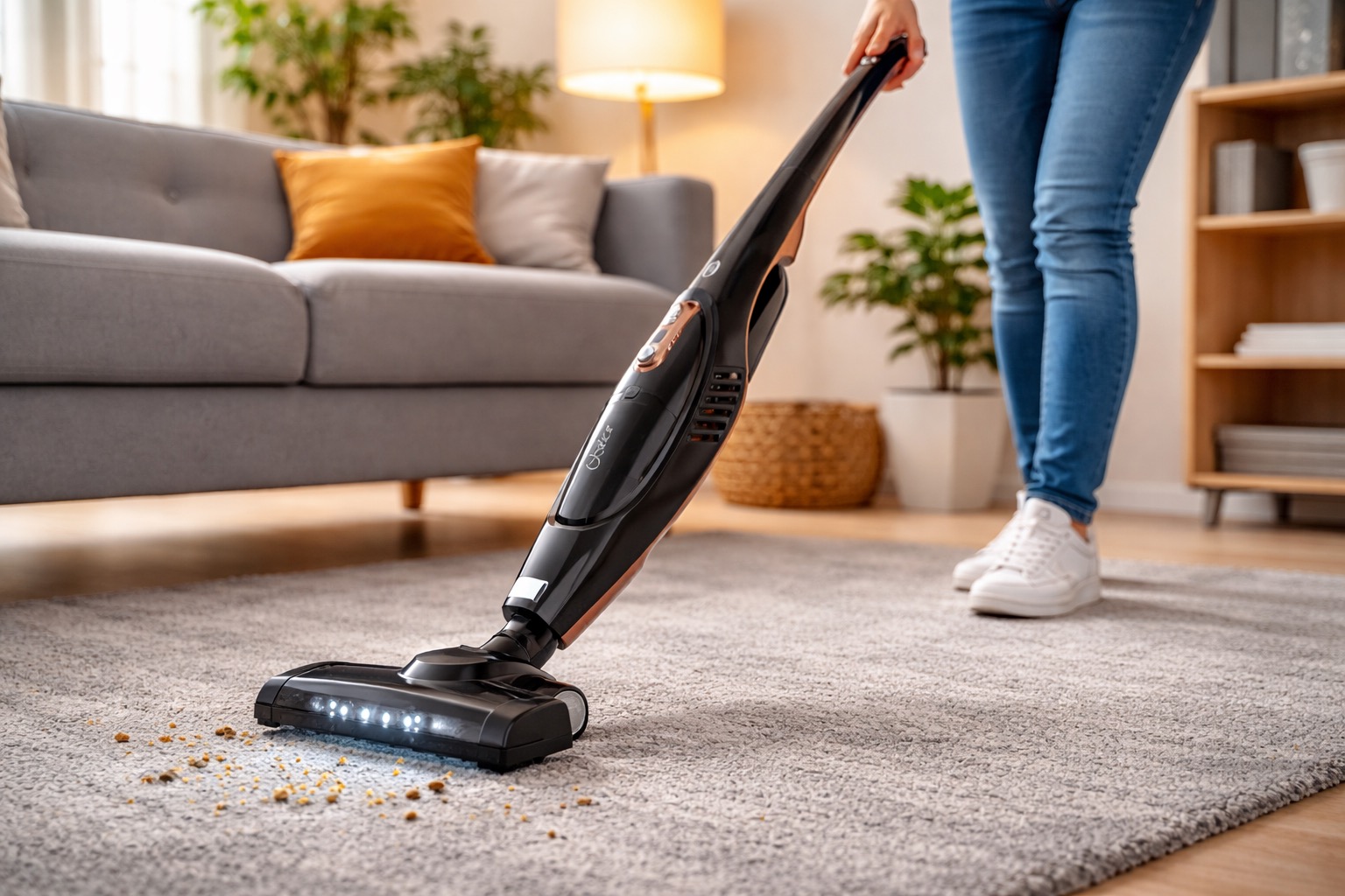 Aspirador de pó vertical Oster Duo Clean sendo usado sem fio em uma sala de estar moderna