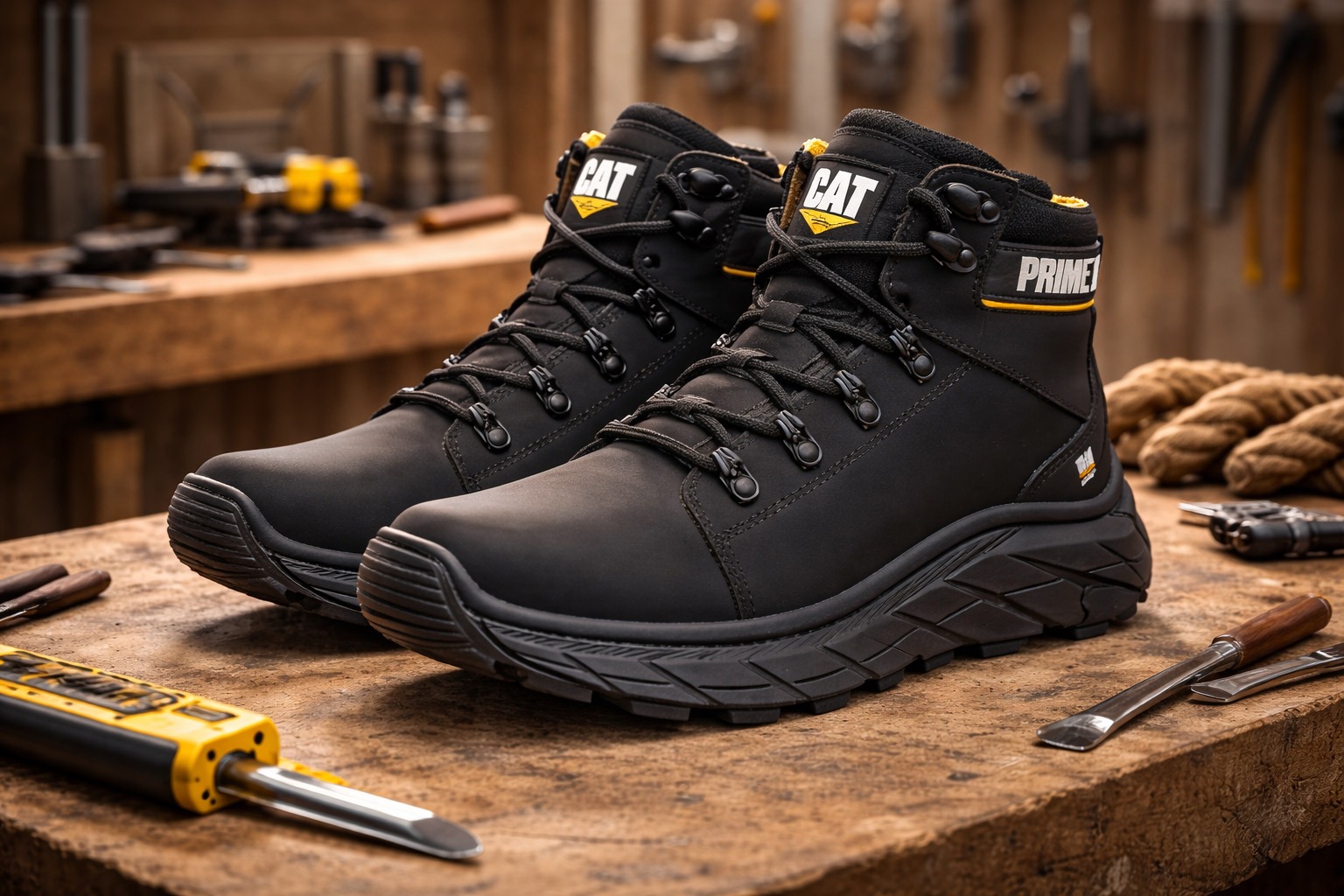 Bota Coturno de Segurança QueroShoes em couro legítimo preto sobre bancada de oficina