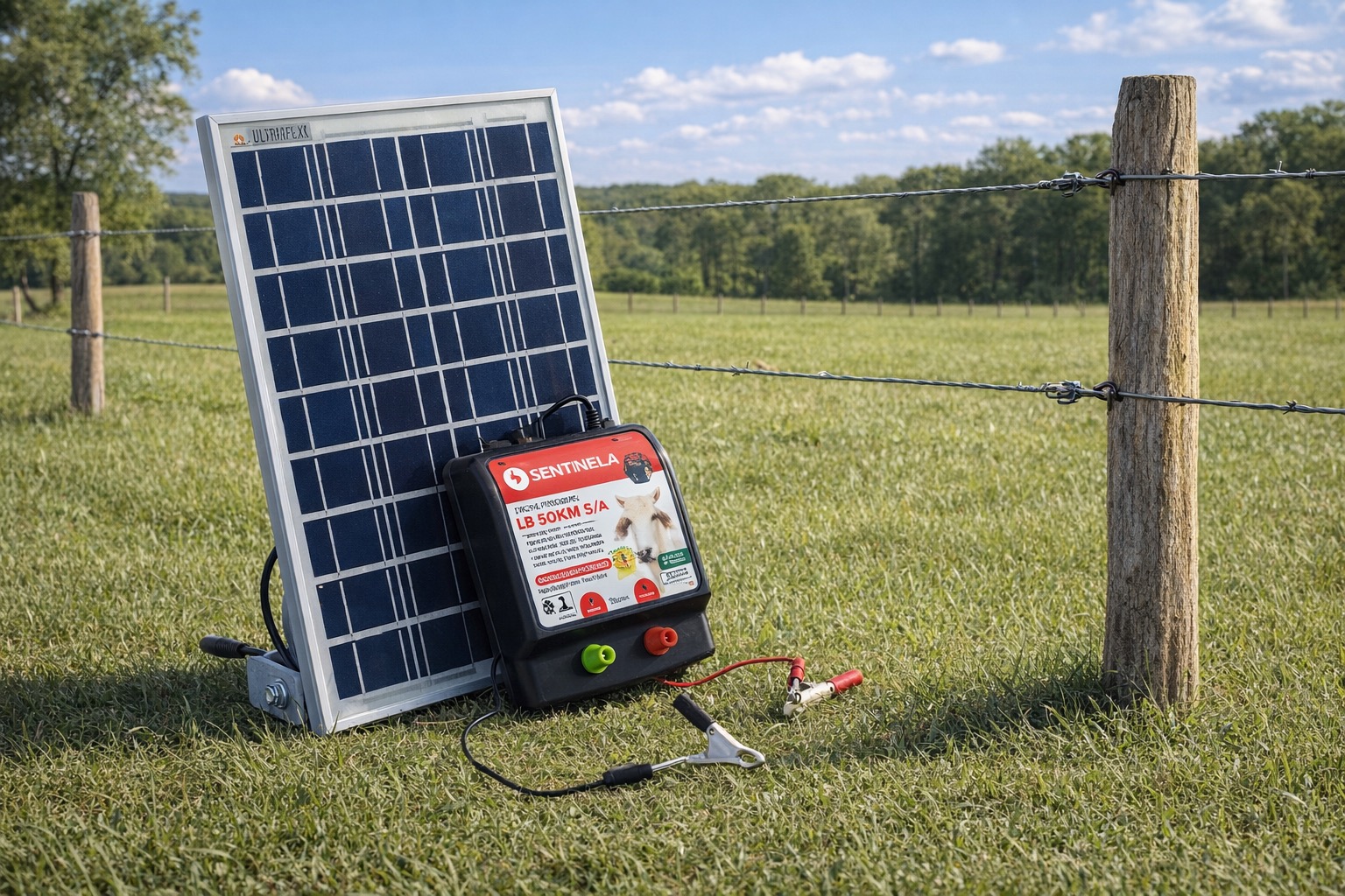 Kit Aparelho De Choque Rural 50k com placa solar no campo