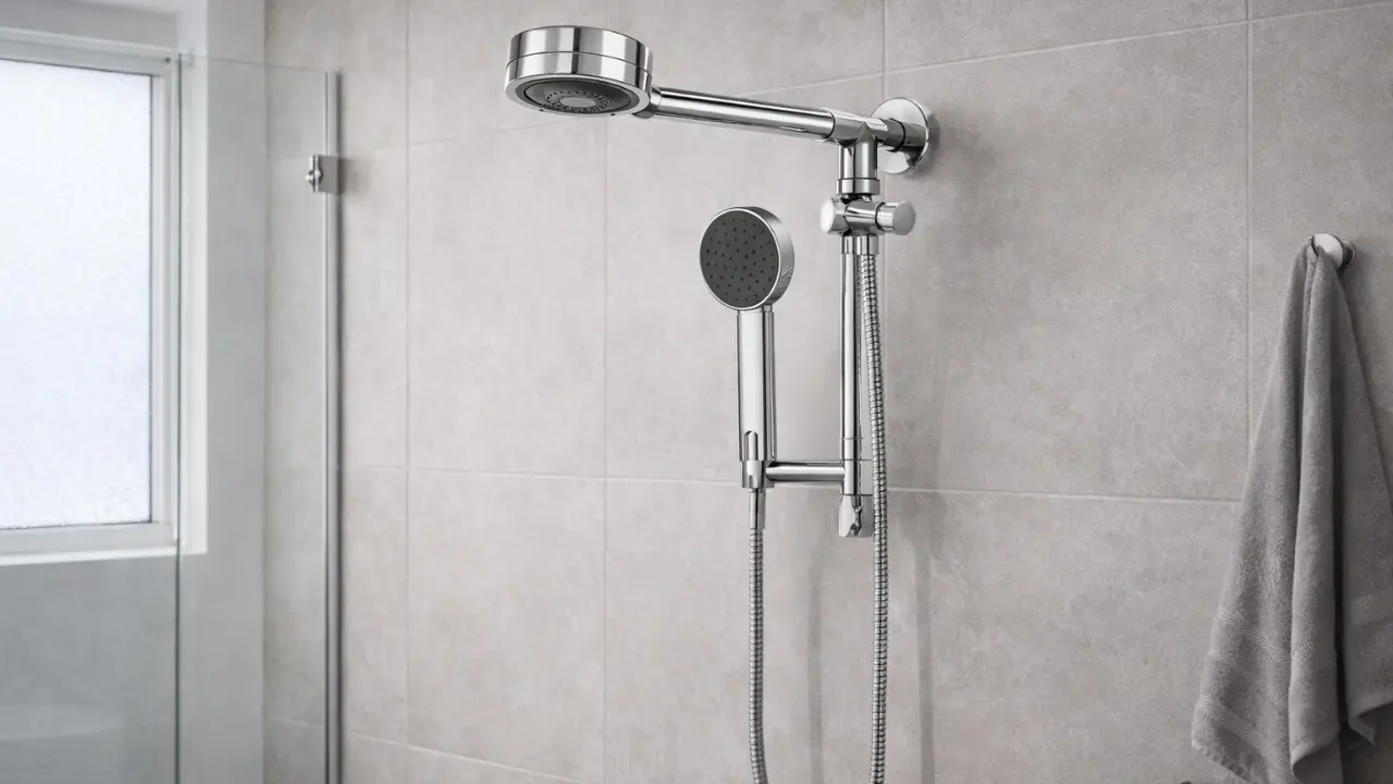 Chuveiro Docol Technoshower com Desviador instalado em parede de banheiro no padrão inox moderno