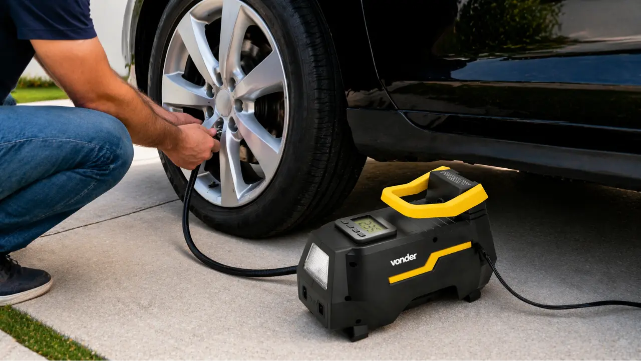 Compressor de Ar Automotivo Vonder CAV 150 sendo utilizado para calibrar o pneu de um carro em uma garagem residencial