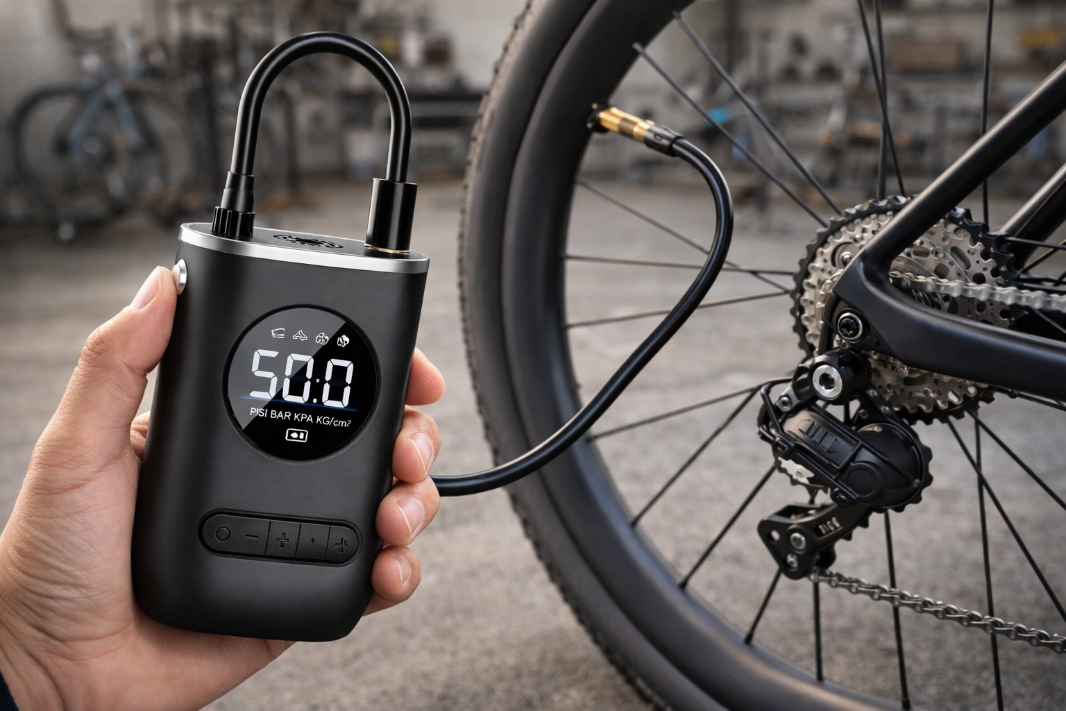 Mini compressor portátil digital sendo usado para calibrar pneu de bicicleta