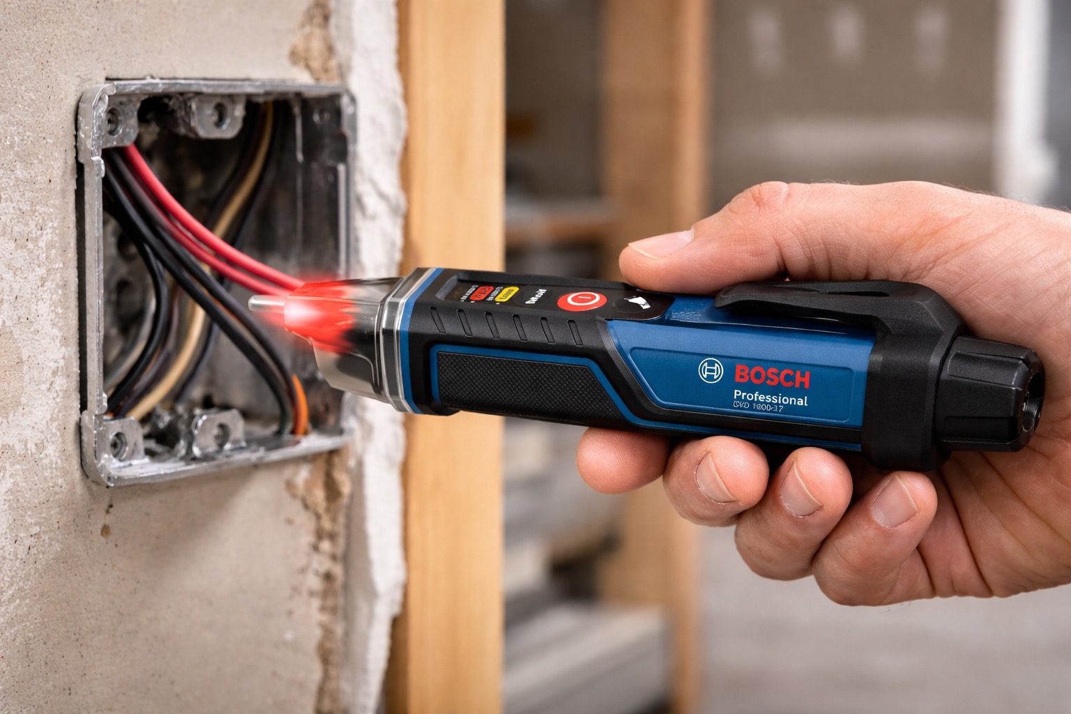 Detector de tensão Bosch GVD 1000-17 sendo aproximado de uma tomada de parede para verificar energia elétrica
