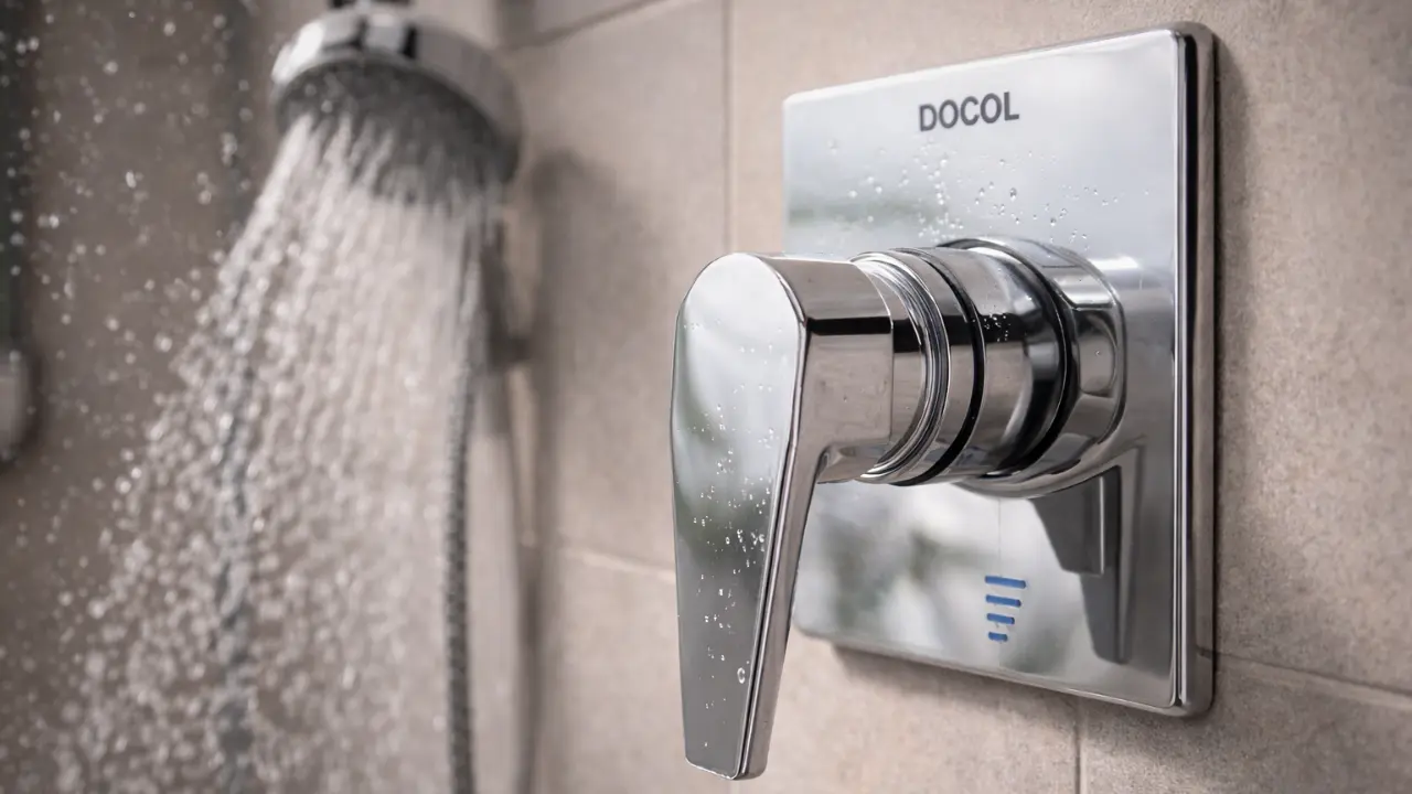 Acabamento Monocomando Docol Lift instalado em parede de banheiro com design moderno e traços retos