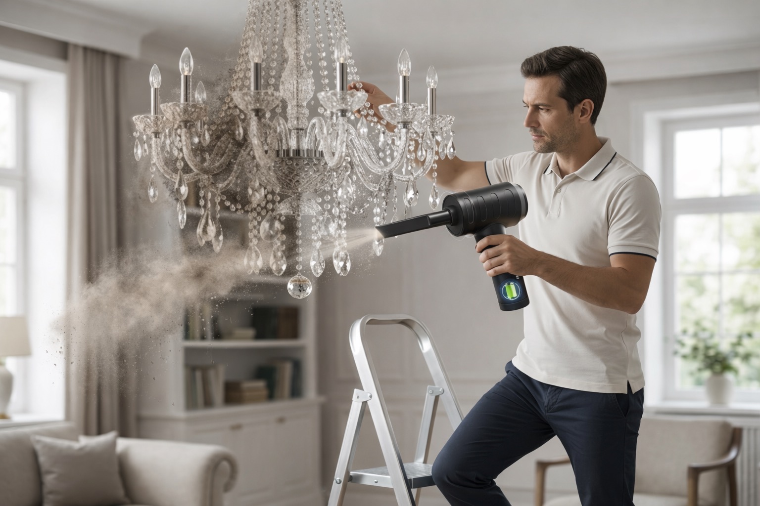 Espanador de ar elétrico sendo usado para limpar poeira de eletrônicos e vãos de janelas