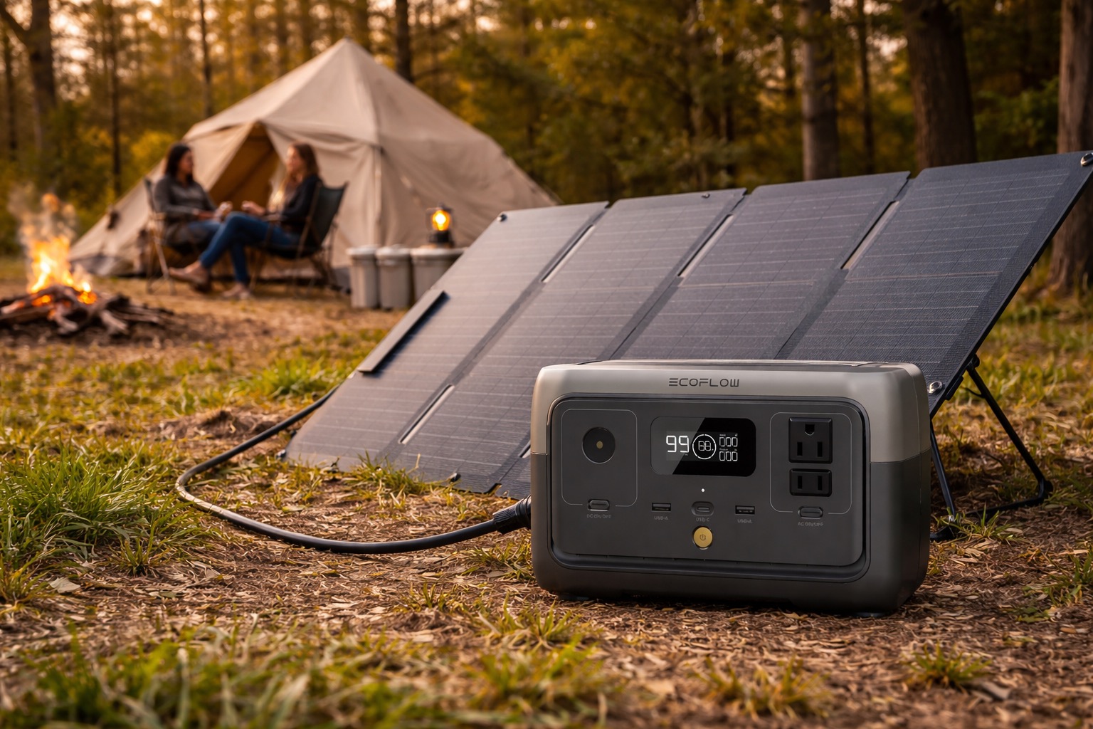Estação de energia EcoFlow River 2 sendo carregada por painel solar portátil em um acampamento ao ar livre