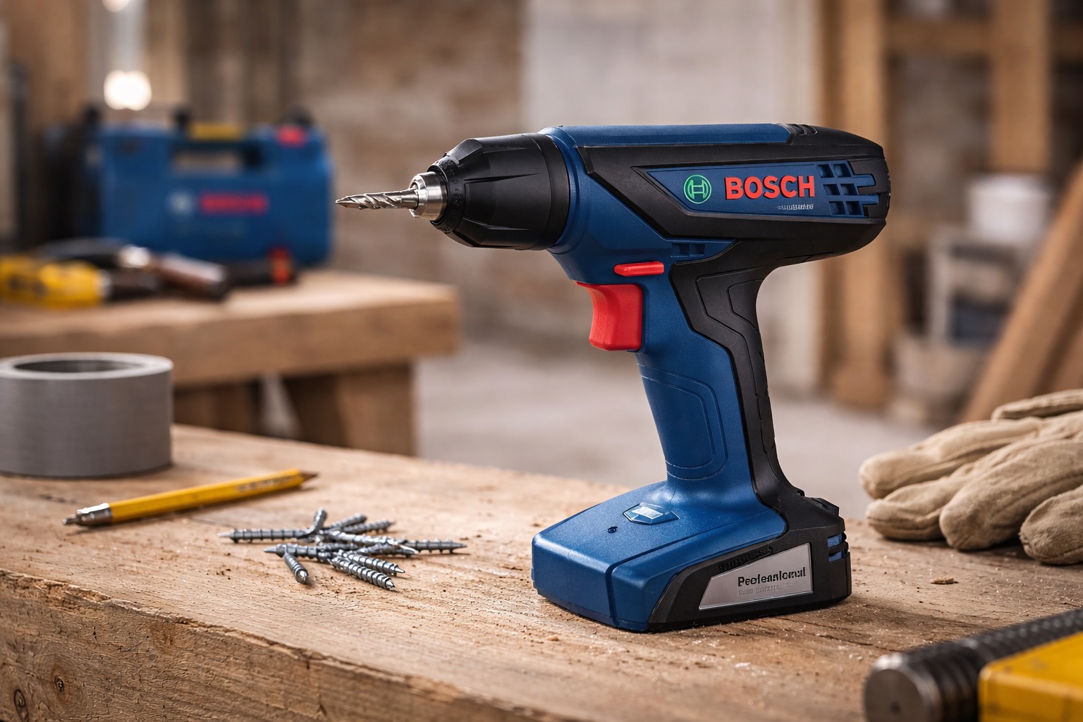 Parafusadeira e Furadeira Bateria Bosch GSR 1000 Smart azul sobre bancada profissional