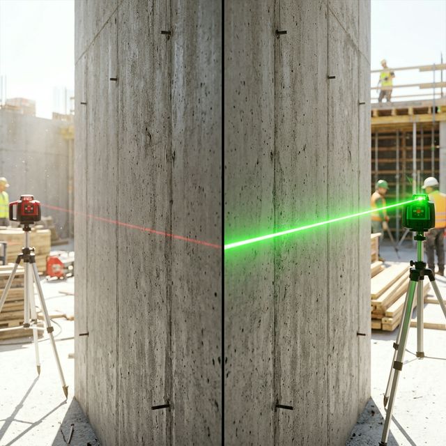 Comparativo Visual: Feixe de Laser de Nivelamento Verde versus Vermelho na Parede da Obra