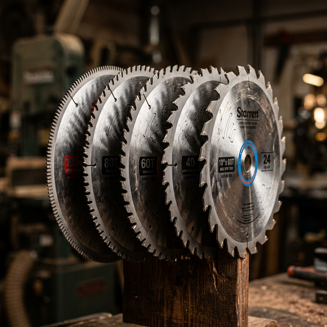 Diferentes tipos de discos de serra circular profissionais alinhados