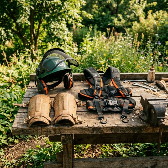 Equipamentos Profissionais de Proteção Individual para Roçadeiras organizados em bancada