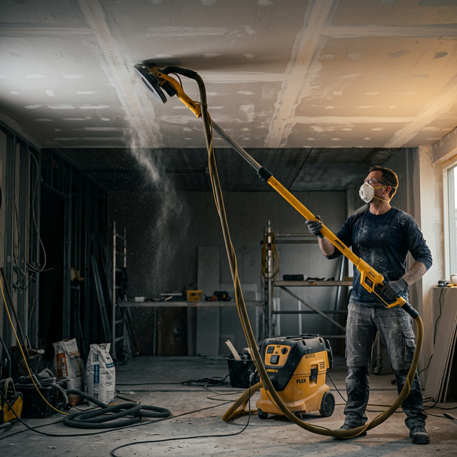 Pintor profissional lixando teto de drywall com lixadeira girafa amarela e aspirador