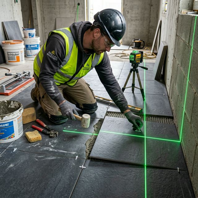 Azulejista usando Nível a Laser para assentar grandes placas de porcelanato escuro