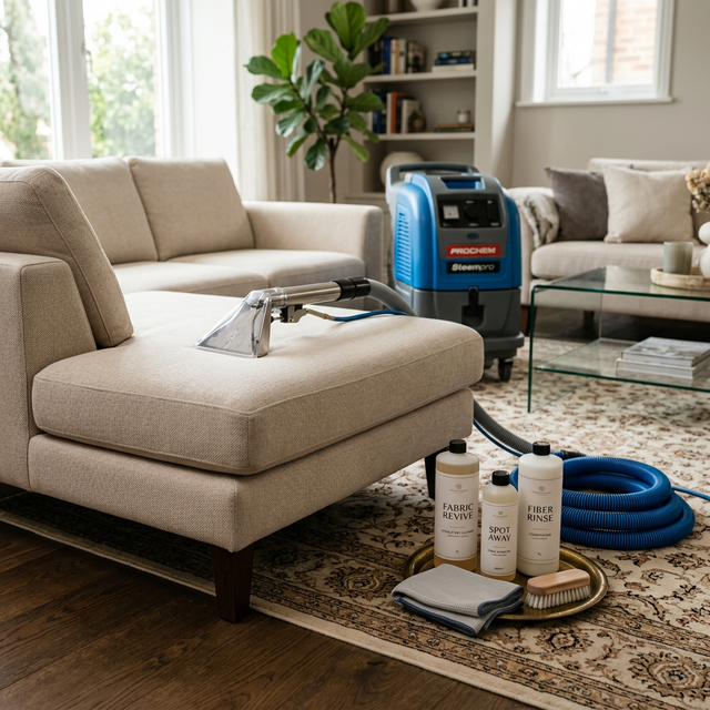 Setup profissional de higienização de estofados com máquina extratora e produtos premium