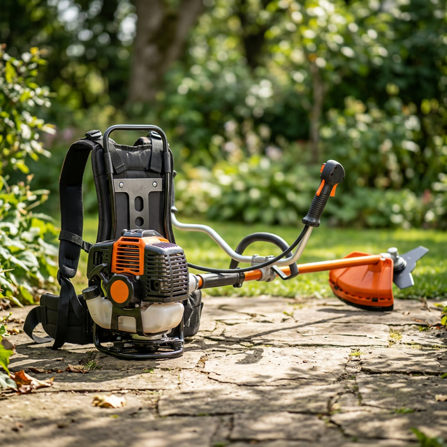 Trabalhador rural profissional em campo usando uma roçadeira costal a gasolina potente