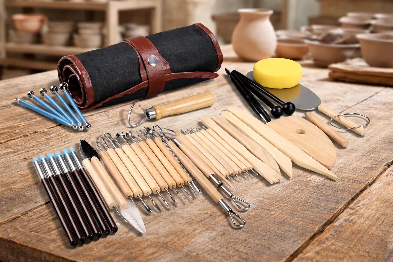 Kit de 43 ferramentas para cerâmica fria em estojo sendo usadas para esculpir detalhes em argila sobre uma bancada