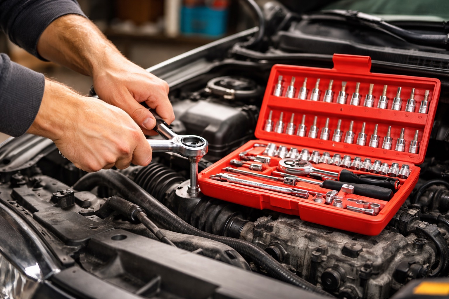 Kit de ferramentas com 46 peças aberto mostrando soquetes, catraca e pontas Allen/Torx