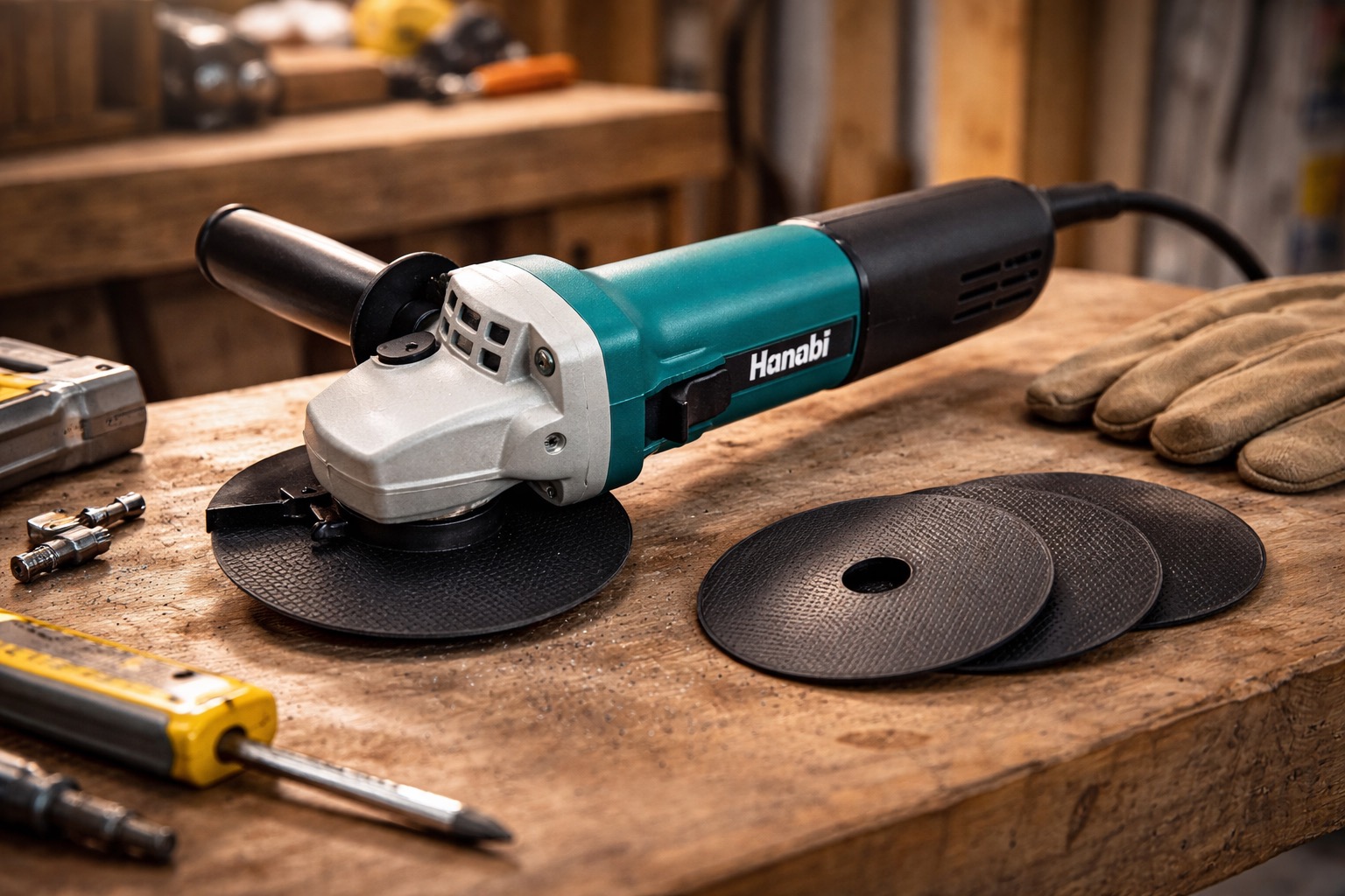 Esmerilhadeira e Lixadeira Angular Hanabi profissional sobre bancada com discos de corte
