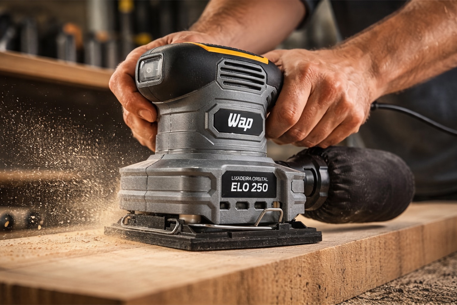 Lixadeira Orbital WAP ELO 250 em uso para acabamento em madeira
