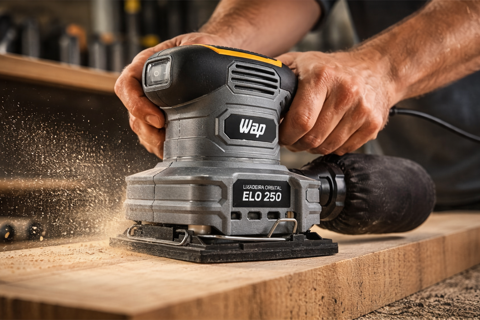 Lixadeira Orbital WAP ELO 250 em uso para acabamento em madeira