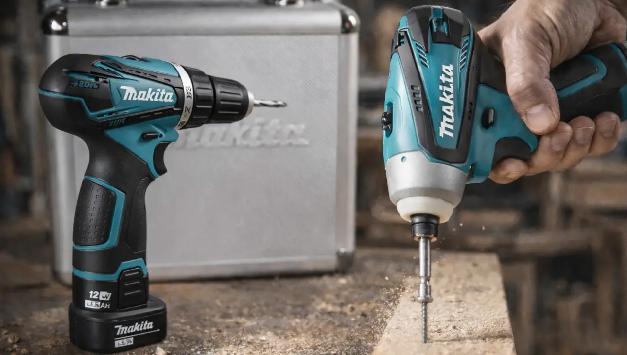 Kit Makita LCT204 com parafusadeira, impacto e maleta de alumínio profissional em bancada