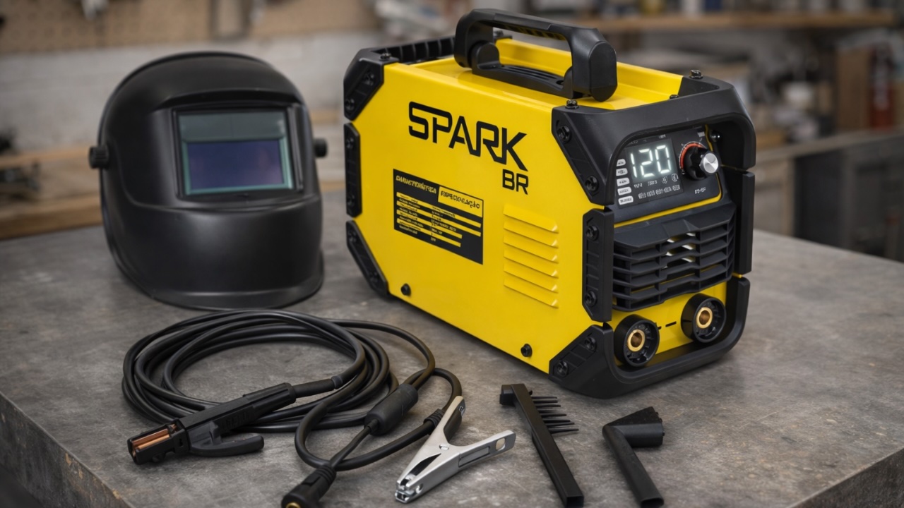 Máquina Inversora de Solda SparkBR 120A sendo utilizada de forma portátil na oficina