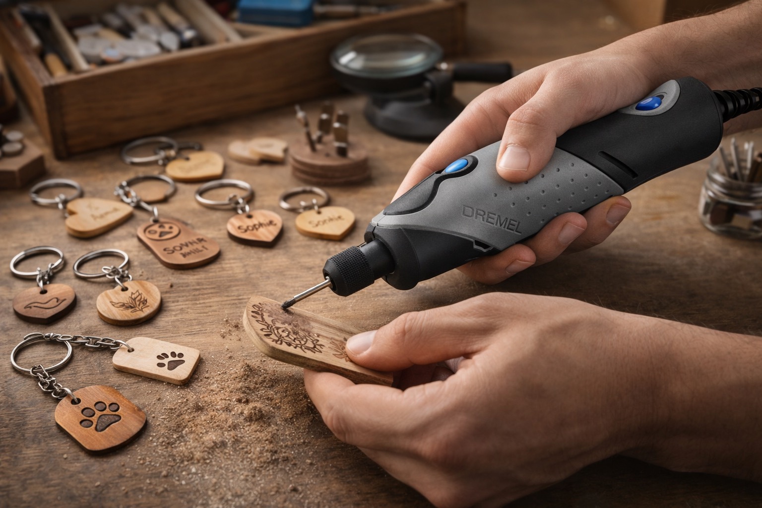 Dremel Stylo+ sendo usada para gravação em madeira e personalização de brindes