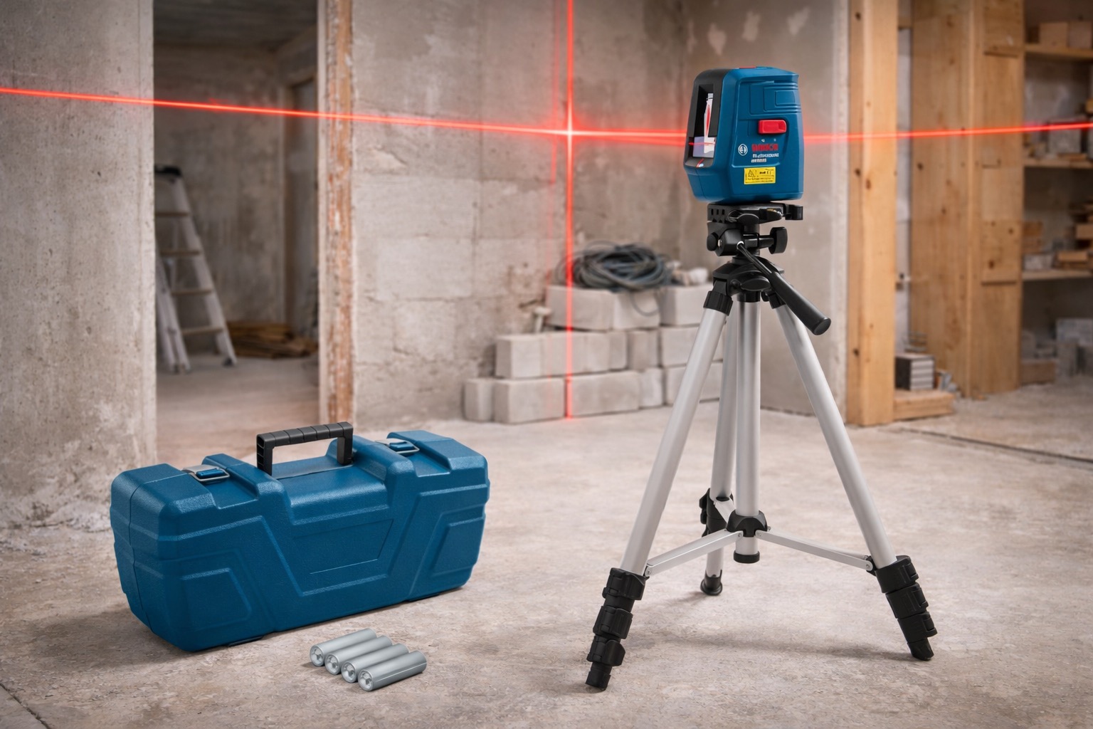 Nível Laser Bosch Nivelox vermelho montado em tripé projetando linhas de referência em uma obra