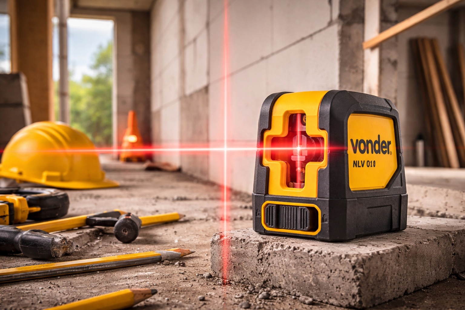 Nível Laser Vonder NLV 010 projetando linhas em obra