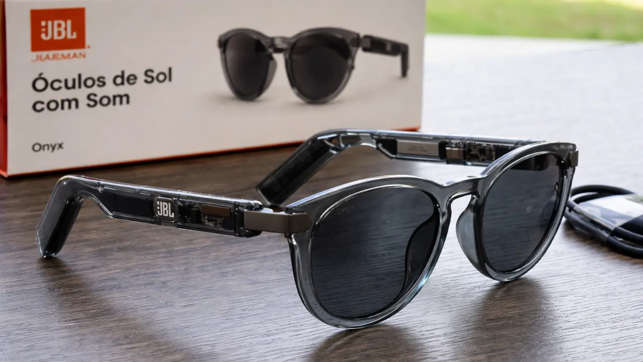 Óculos JBL Soundgear Frames Round sendo usado em ambiente externo com estilo e música