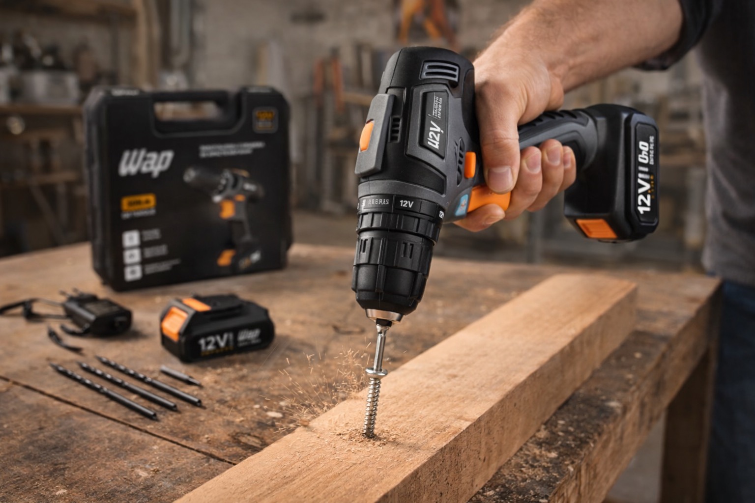 Parafusadeira WAP 12V com impacto sendo usada para furar madeira e alvenaria