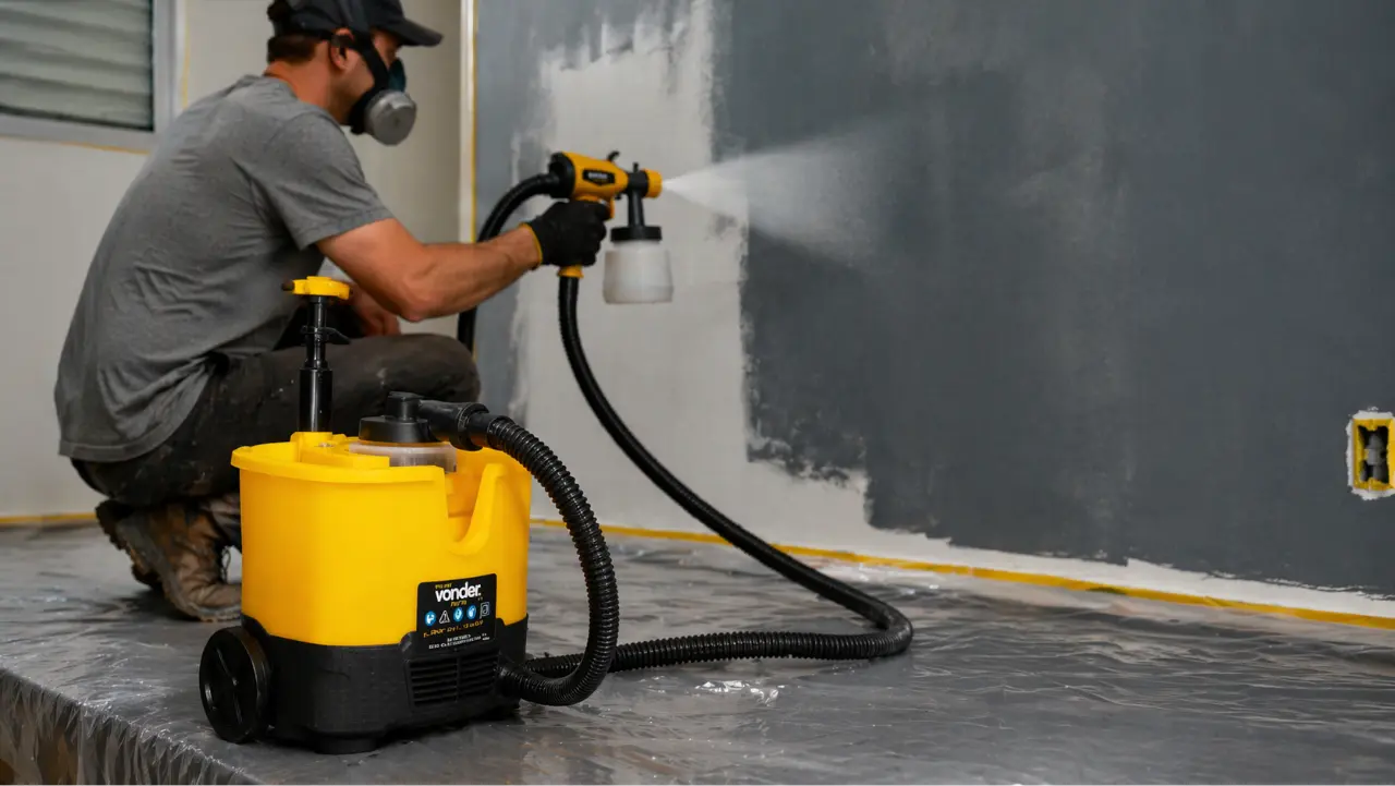 Pistola Elétrica de Pintura Vonder PEV 750 sendo utilizada para pintar uma superfície de madeira com acabamento uniforme