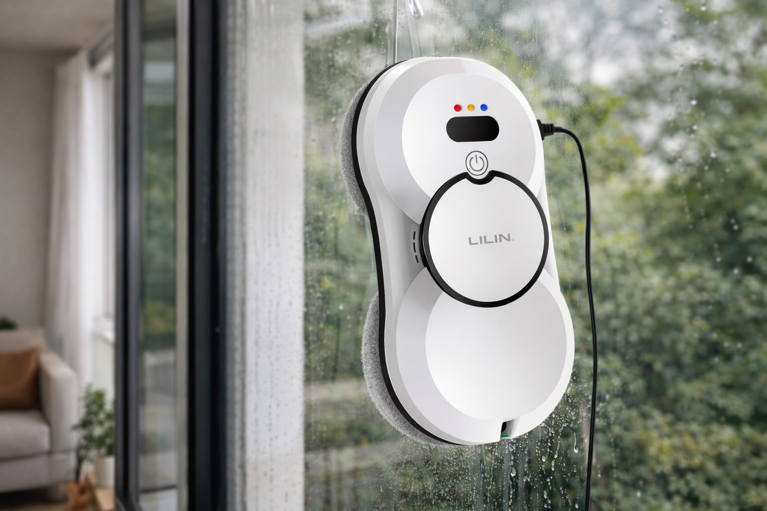 Robô limpa vidros Lilin HCR10 preso por sucção limpando uma janela de apartamento