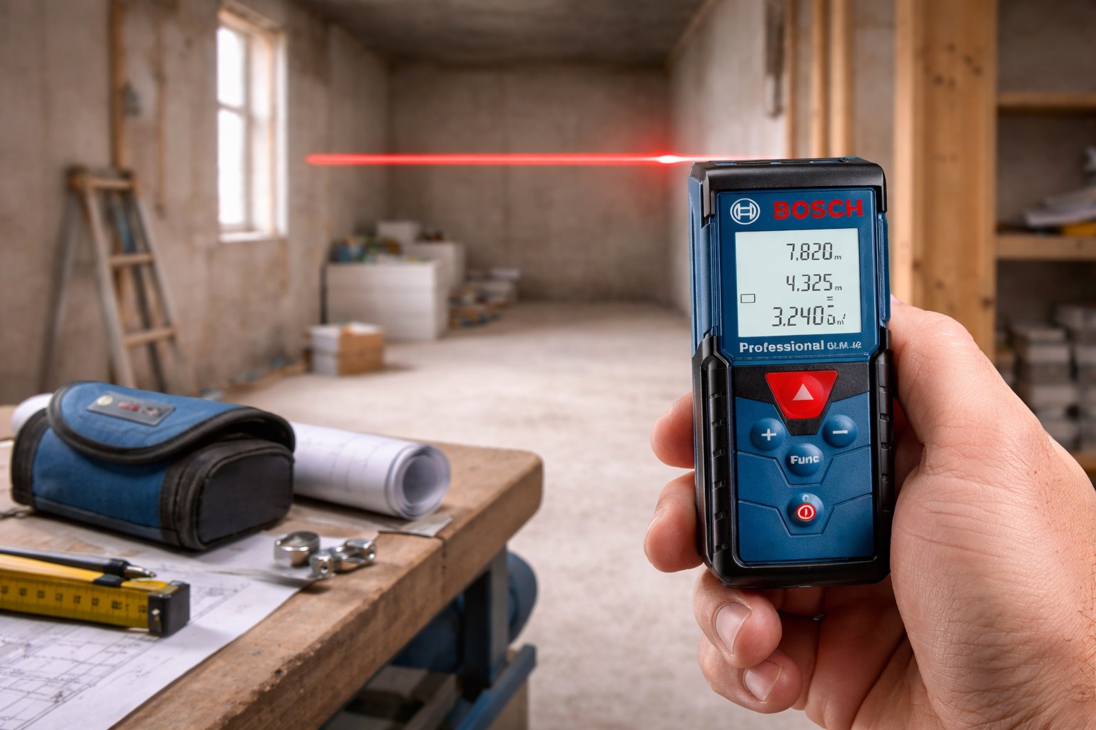 Trena Laser Bosch GLM 40 sendo usada por um profissional para medir a distância de uma parede em uma obra