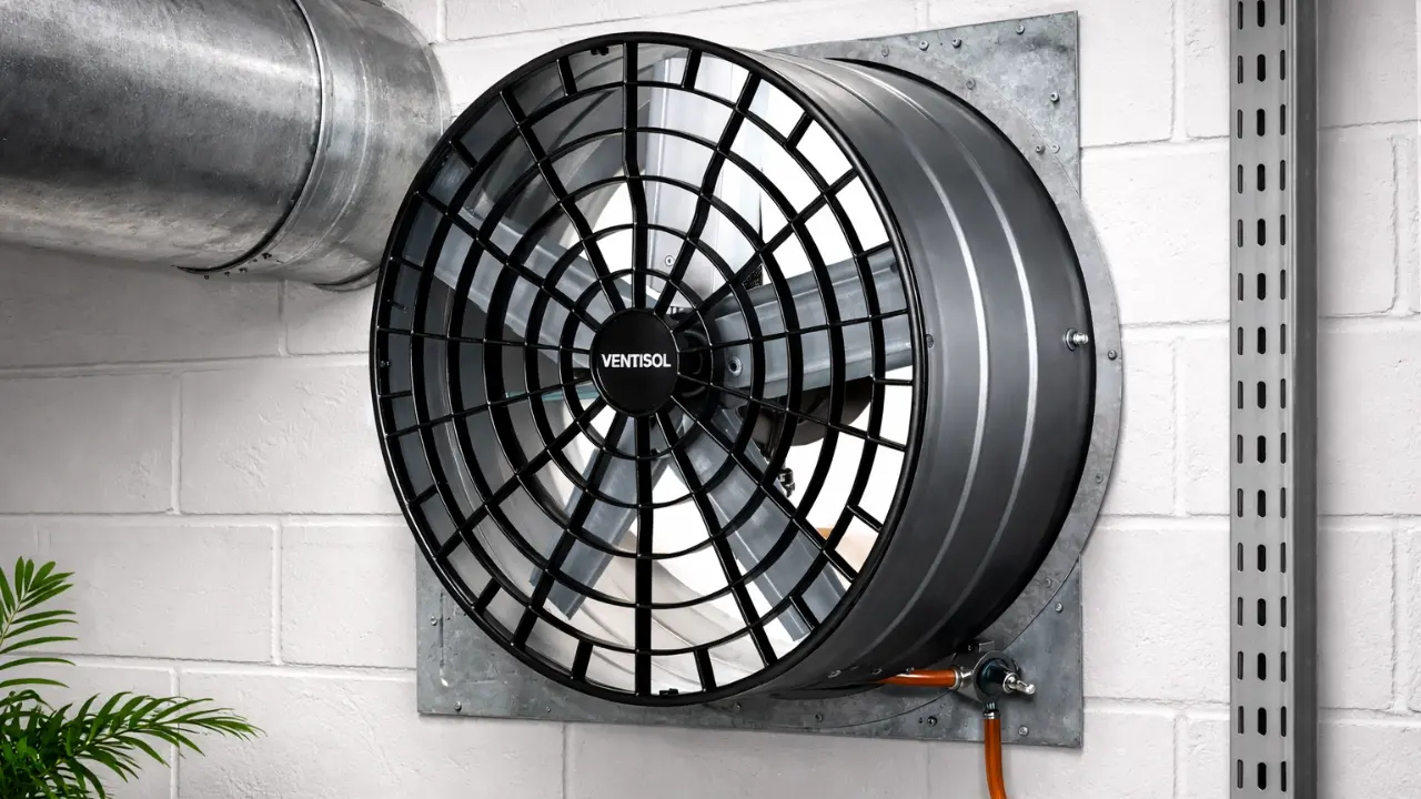 Ventilador e Exaustor Axial Industrial Ventisol de 50cm instalado em parede de galpão comercial